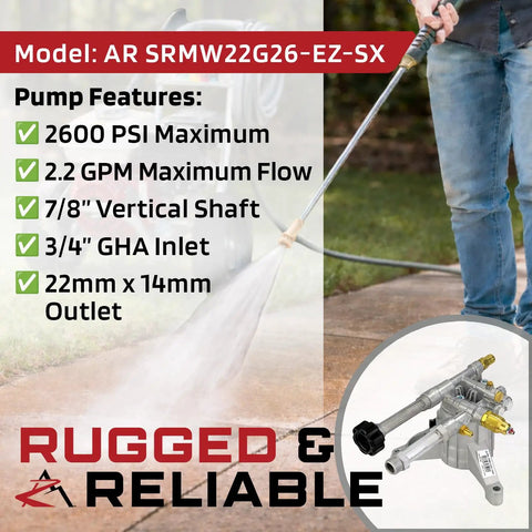 Man using 2600 PSI Vertical Pressure Washer Pump With 2.2 GPM Flow And Seven Eighth Inch Shaft SRMW22G26 EZ SX Replacement