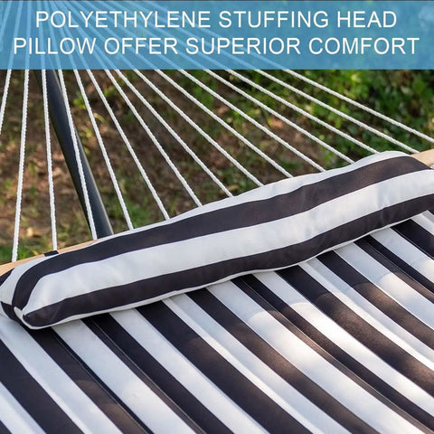 Close-up of 12Ft Quilted Double Hammock With Spreader Bars And Detachable Pillow For Two People, Outdoor Patio Poolside Backyard Chill, 450 Lb Capacity, Black White, highlighting striped fabric and pillow.