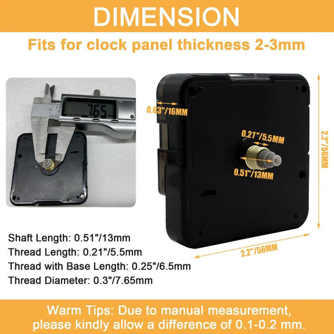 Clock Mechanism Replacement 13mm Shaft Quartz Movement for DIY Wall Clocks Silent Sweep dimensions illustration