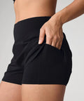 Athletic Running Shorts With Two Point Five Inch Lined Boxer Brief Inseam High Waisted Stay Put Fit Double Layered Waistband showing zip pocket
