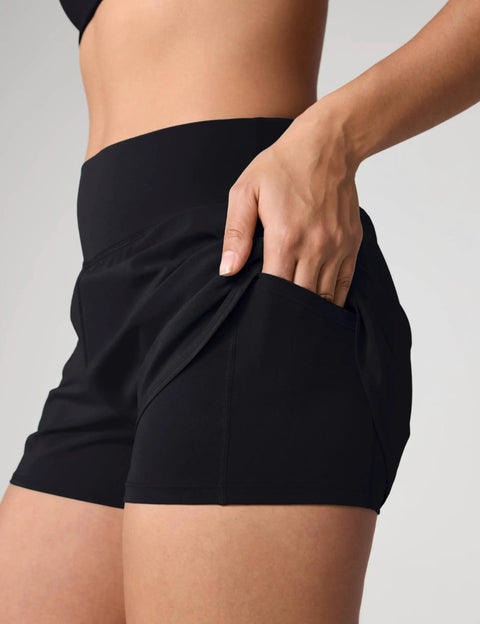 Athletic Running Shorts With Two Point Five Inch Lined Boxer Brief Inseam High Waisted Stay Put Fit Double Layered Waistband showing zip pocket