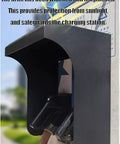 Heavy Duty Outdoor EV Charger Cover Locks Down Your Charge Point Against Gnarly Weather And Scorching Sun, wall-mounted metal shield with widened brim.