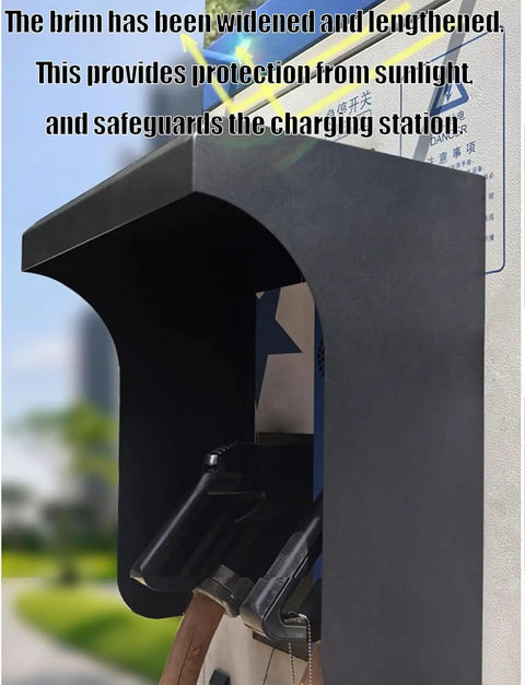 Heavy Duty Outdoor EV Charger Cover Locks Down Your Charge Point Against Gnarly Weather And Scorching Sun, wall-mounted metal shield with widened brim.