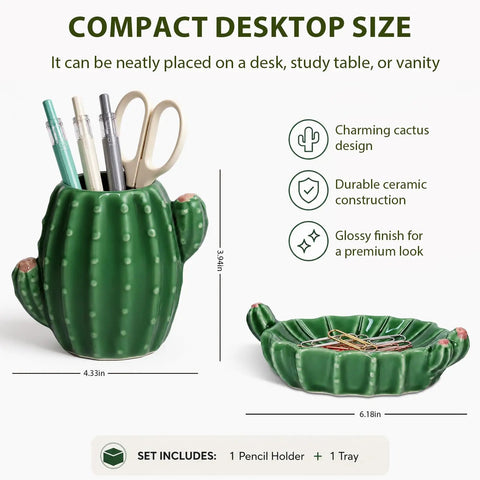 Cactus Desk Organizer Set With Ceramic Pen Holder And Paper Clip Holder For Women, cute green cactus design with glossy finish