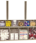 TiltView Plastic Storage Cabinet With 3 Tilt Out Bins filled with various medical supplies, wall-mounted for office or workshop use