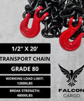 Heavy Duty One Half Inch By Twenty Foot Grade Eighty Transport Binder Chain With Twelve Thousand Lbs WLL And Forty Eight Thousand Lbs Break Strength, Clevis Grab Hooks For Tie Down And Towing, Oil Free Surface And Corrosion Resistant Blackened Steel