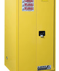 Rock Solid 60 Gallon Yellow Flammable Safety Cabinet With Bifold Self Closing Door and Heavy Steel Shelves, side view with lock.