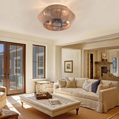 Handwoven Rattan Ceiling Fan with Light and Remote for Bedroom Living Room, decorative woven shade in modern living space.