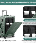 All Aluminum Carry On Luggage Airline Approved 20 Inch Hardside Spinner With Cup Holder And USB Charger TSA Lock Front Pocket Durable Suitcase For Women And Men Dark Green 22x14x9 shown with open front pocket and laptop storage