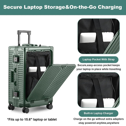 All Aluminum Carry On Luggage Airline Approved 20 Inch Hardside Spinner With Cup Holder And USB Charger TSA Lock Front Pocket Durable Suitcase For Women And Men Dark Green 22x14x9 shown with open front pocket and laptop storage