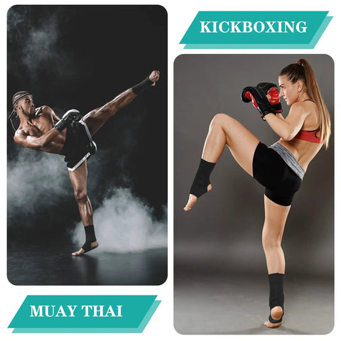 Two Pairs Muay Thai Ankle Supports Compression Sleeves For Men And Women in action during kickboxing and Muay Thai training.