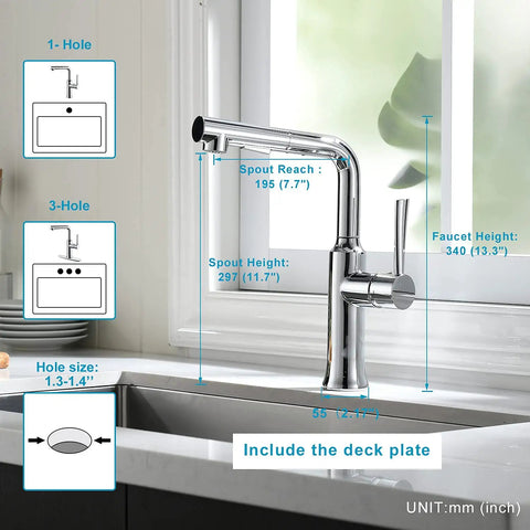 Bar Sink Faucet With Pull Down Sprayer And Magnetic Docking installed over kitchen sink, chrome finish, dimensions shown