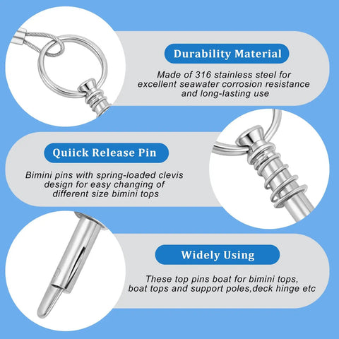 10 Pack One Quarter Inch Quick Release Pins With Lanyard To Prevent Loss For Bimini Tops And Boat Poles 316 Stainless Steel Marine Hardware For Yachts And Sailboats, 316 stainless steel pin close-up