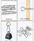 5 Pack M6 Eye Bolts With Nuts, Washers And Carabiners For Heavy Duty Lifting And Rigging, 316 Stainless Steel Marine Grade Eyebolts With Durable Threads, Ideal For Boat Trailers, Hoisting, And Industrial Use in various views showing rustproof, installed, heavy-duty, and cost-effective features.