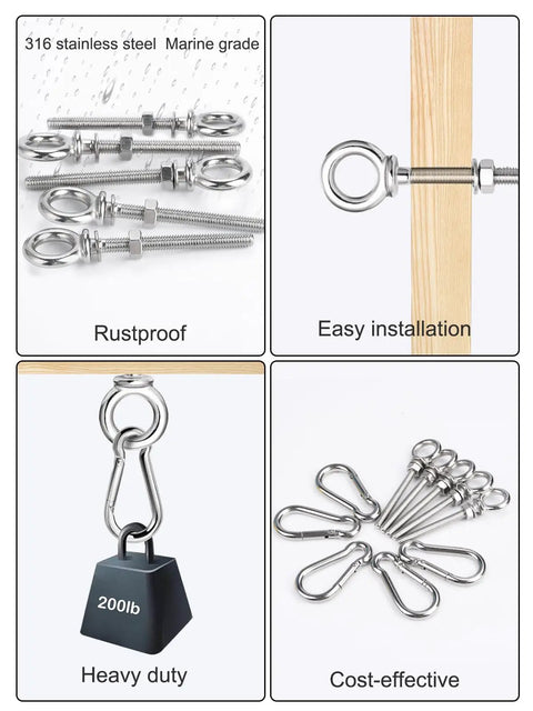 5 Pack M6 Eye Bolts With Nuts, Washers And Carabiners For Heavy Duty Lifting And Rigging, 316 Stainless Steel Marine Grade Eyebolts With Durable Threads, Ideal For Boat Trailers, Hoisting, And Industrial Use in various views showing rustproof, installed, heavy-duty, and cost-effective features.
