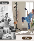 'Before and after' scene with a Wooden Tree Coat Rack Stand With Eight Hooks, Freestanding in a bright room.