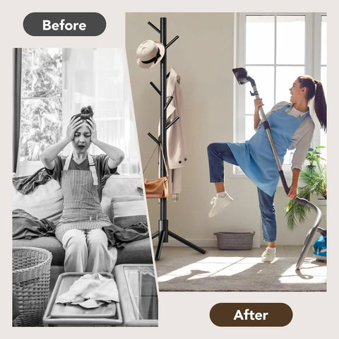 'Before and after' scene with a Wooden Tree Coat Rack Stand With Eight Hooks, Freestanding in a bright room.