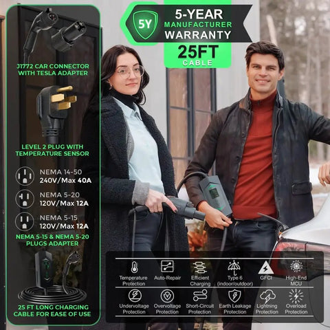 Go-To Portable Level 2 EV Charger With 40 Amp Output, 25ft Cable, NEMA 14-50, Outdoor EVSE With LED Display, J1772 Adapter shown
