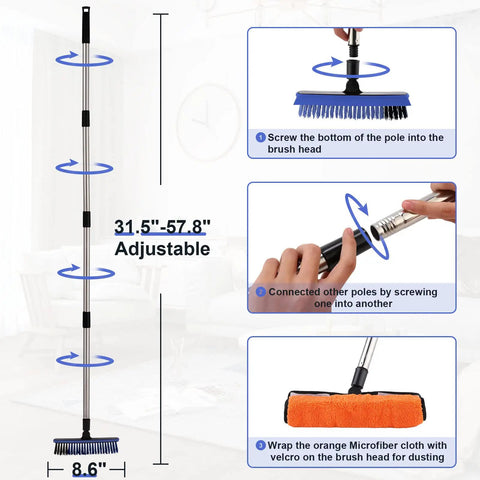 Assembly diagram of 2 In 1 Floor Scrub Brush Grout Scrubber With Long Adjustable Handle Up To 58 Inches 120 Degree Rotatable Grout Cleaner V Shaped Corner Brush For Tough To Reach Areas No Bending Cleaning Tool For Showers And Tile
