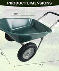 Two Wheel Garden Wheelbarrow Cart With Built In Stand For Home Yard Work, showing dimensions view, rust proof frame and air filled tires.