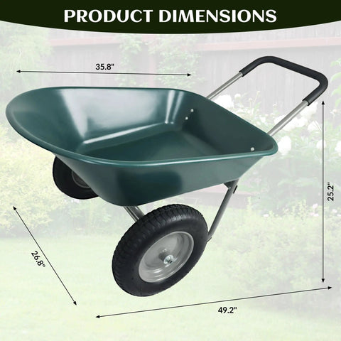 Two Wheel Garden Wheelbarrow Cart With Built In Stand For Home Yard Work, showing dimensions view, rust proof frame and air filled tires.