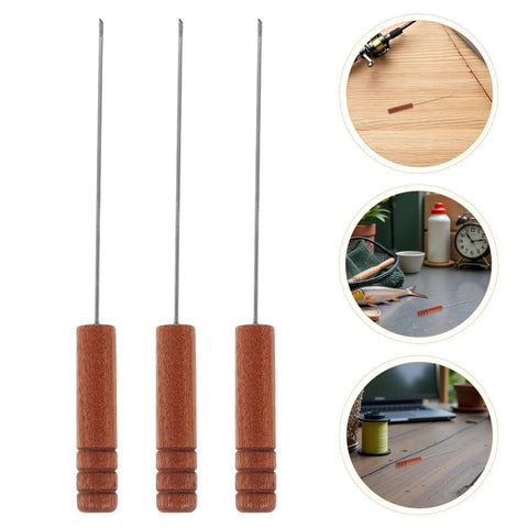 Stainless Steel Baiting Needle With Rosewood Handle, Slip Grip, 3-Piece Set For Freshwater And Saltwater Fishing Bait Rigging, Compact Portable Threading Tool For Worms And Bait, shown front view