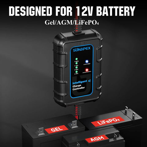 10 Amp 12 Volt PWM Solar Charge Controller with LED display connected to Gel, AGM, LiFePO4 batteries.