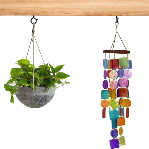 Sturdy Screw Hooks For Outdoor String Lights And Plant Or Wind Chime Hangers With Windproof Safety Buckle Rustproof Steel Build 2.2 Inch Long 8 Pack For Easy Install And Weather Ready used to hang a ceramic planter and colorful wind chime.