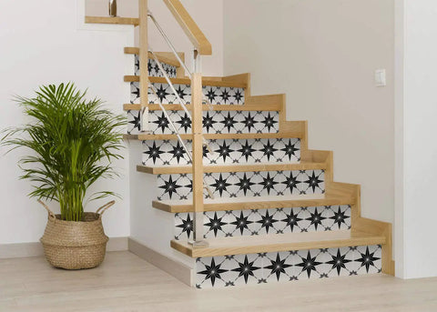 Talavera Tile Stickers 24 Pack Peel And Stick Wall Decals on staircase risers, 4x4 inch star tile design for bathroom and kitchen.