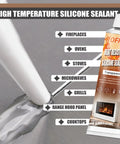 Heavy Duty High Heat Silicone Sealant Set 100ml Clear Heat Resistant Glue Ultra Durable Waterproof Sealant For Fireplace Oven Microwave Stove Cooktop Grill No Mess Pack Of 2, shown in tube with application on surface
