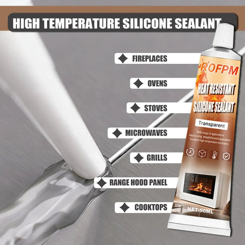 Heavy Duty High Heat Silicone Sealant Set 100ml Clear Heat Resistant Glue Ultra Durable Waterproof Sealant For Fireplace Oven Microwave Stove Cooktop Grill No Mess Pack Of 2, shown in tube with application on surface