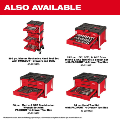 Premium Shop Rig Ready 366 Piece Master Mechanics Hand Tool Set With Heavy Duty 12 Drawer Rolling Cart and Molded Foam Trays displayed in red and black.