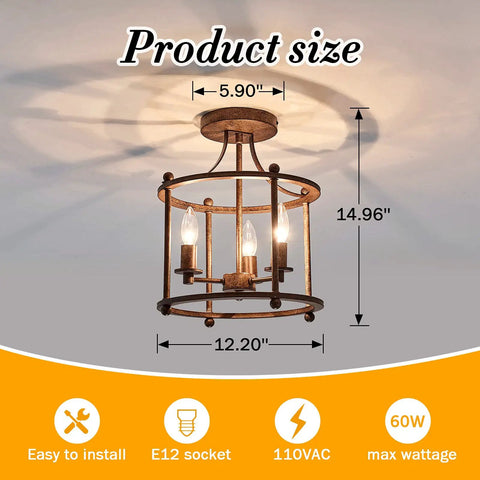 Three Light Farmhouse Vintage Semi Flush Mount Ceiling Light Fixture In Rustic Oil Rubbed Bronze Metal for decor with dimensions