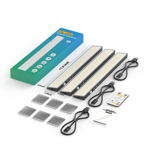 Go-To Under Cabinet Lighting Kit With Touch Control And Motion Sensor, Ultra Bright 160LED, 4000mAh Battery, 3 Pack components