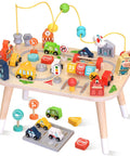 Sturdy Wooden Montessori Activity Table For Toddlers Ages 1 To 3, 9 In 1 Busy Toy with colorful traffic themed toys and bead maze.