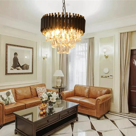 Modern Crystal Chandelier 3 Tier Round Black And Gold Pendant Light With 12 LED Bulbs in elegant living room setting