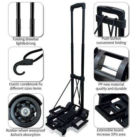 Front view of folding hand truck with telescoping handle and two wheels.
Side view of folding hand truck with collapsible frame and wheels.
Close-up of push button on folding hand truck handle for easy folding.
Close-up of elastic cord with hook securing items on the hand truck.
Close-up of rubber wheel on folding hand truck showing wear resistance.
Close-up of extendable base board on folding hand truck increasing loading area by 30%.