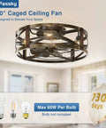 20 Inch Farmhouse Flush Mount Ceiling Fan With Lights And Remote, Industrial Black Cage Fandelier, living room setting