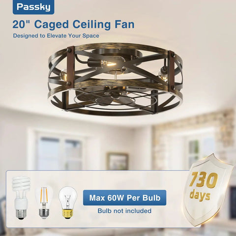 20 Inch Farmhouse Flush Mount Ceiling Fan With Lights And Remote, Industrial Black Cage Fandelier, living room setting