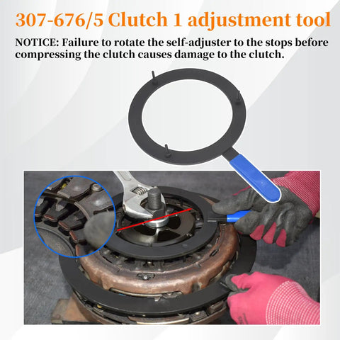 Pro Grade Dry Dual Clutch Transmission Removal And Installation Tool Kit For Ford Focus Fiesta Transit Connect 2019 And B MAX DPS6 Compatible Heavy Duty DIY Friendly Professional Alignment Tools, black steel clutch adjustment ring with blue handle in use