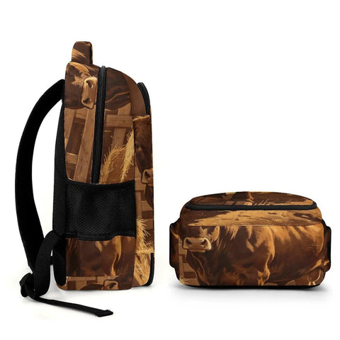 Side view of Long Horn Bull Vintage Print Backpack For Adults, featuring bold animal print and durable polyester material.