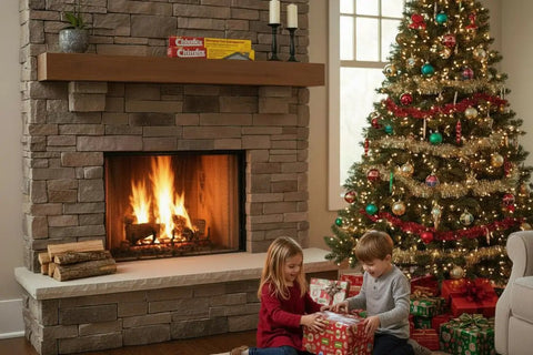 Cozy living room with children by a fireplace, featuring Two Pack Of Knockout Chimney Fire Suppressant That Handles Flue Infernos Quickly Csia Certified.