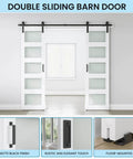 Double Glass Barn Door Set With 6 Ft Sliding Hardware Kit Included, Frosted 5 Panel Design, White Waterproof PVC Surface, Installed