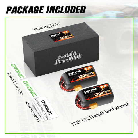 2 Pack 6S 22.2V LiPo Battery 1300mAh 130C With XT60 Plug For FPV Racing Drones, Lightweight 195g Each in packaging box