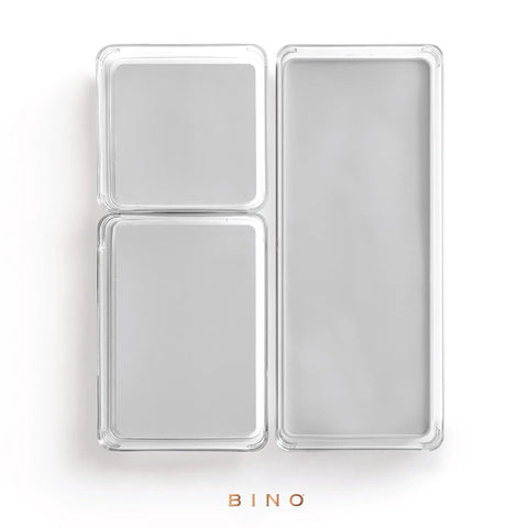Top view of three-piece drawer organizer bin set in gray large for must-have multi-purpose storage with soft grip lining.