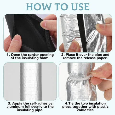 Step-by-step setup of 12 Pack Self Adhesive Pipe Insulation Foam Tubes With Aluminum Foil Wrap And Ties, 40cm Length, 22mm ID