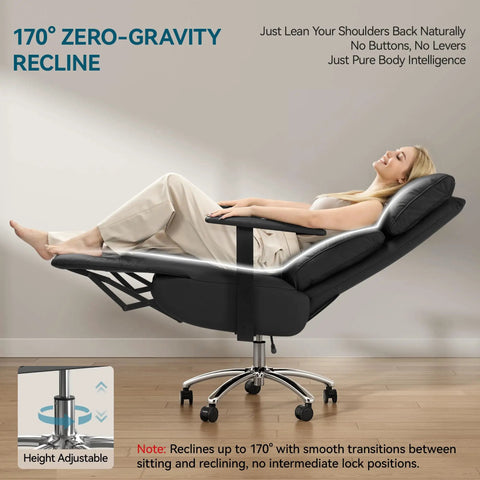 Ergonomic Leather Office Chair With Adjustable Headrest And Footrest, 170 Degree Zero Gravity Recline For Home Office, Black