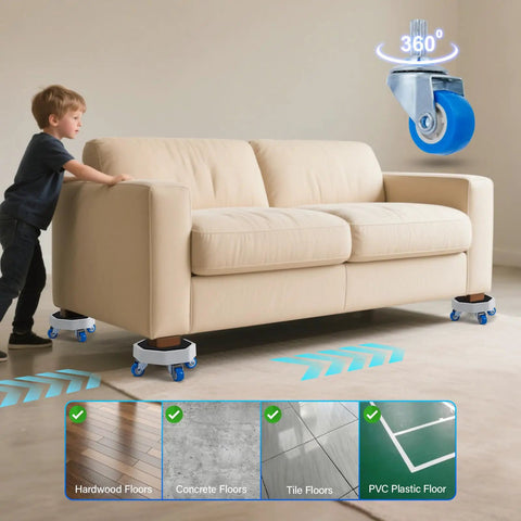 Heavy Duty Furniture Movers And Hex Sliders With Roller Wheels No Sweat Moving Tool Set For Couches Chairs gliding on hardwood floors.