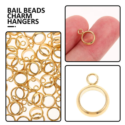 Top Shelf Stainless Steel Bail Beads For Jewelry Making Supplies Featuring Durable Charm Hangers And Smooth Spacer Beads, gold bails shown in set.