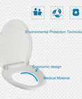 Premium White Elongated Toilet Seat Featuring Silent Slow Close Hinges Crafted From Tough Polypropylene With Zero Wiggle Room Rock Solid Construction Fits Standard American Homes And Makes Any Install Dead Easy angled view showcasing ergonomic design and medical material.
